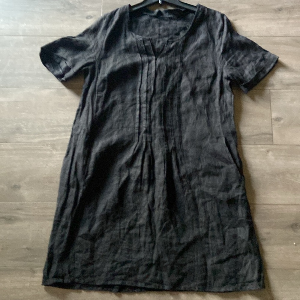 LINEN MIDI SHIFT DRESS SHORT SLEEVES